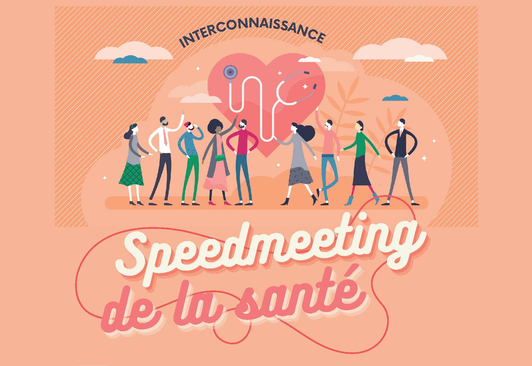 Affiche speedmeeting. Personnages avec un coeur au milieu